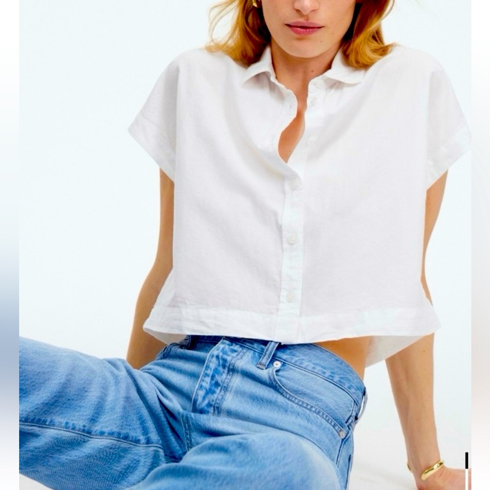 Madewell white cropped short sleeve button top